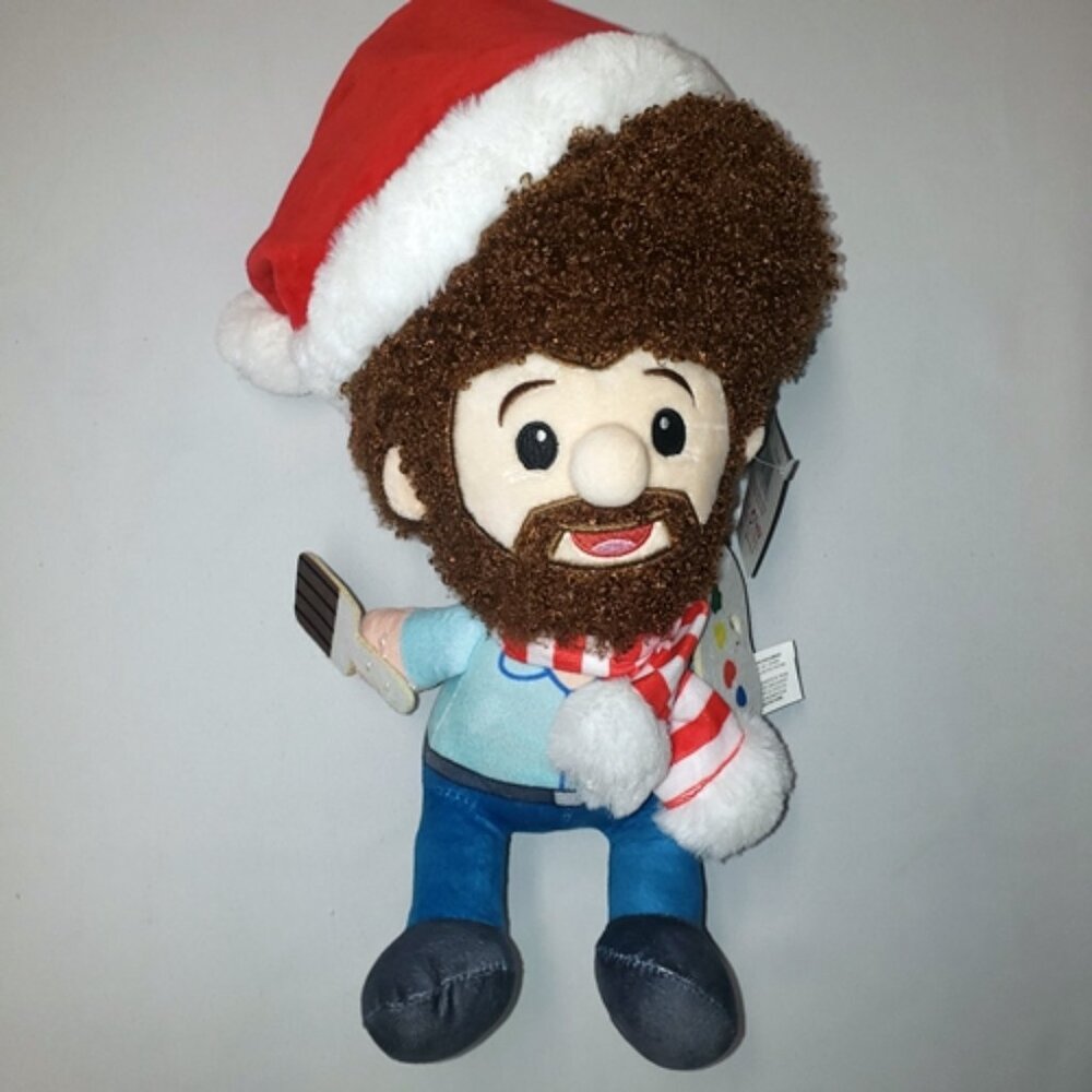 Christmas Bob Ross plush with hat, scarf, paintbrush, and paint pallet New!